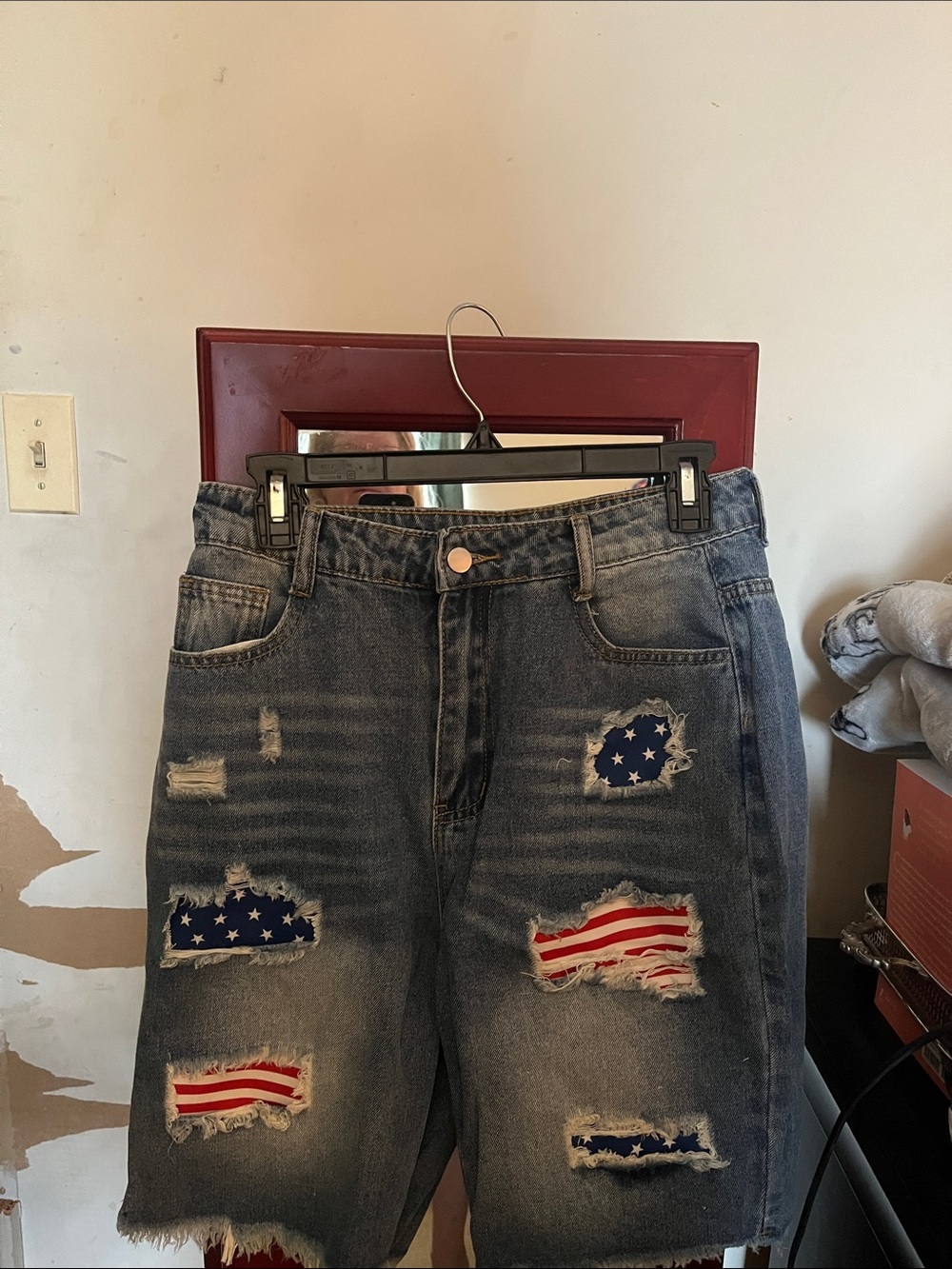 Women’s Distressed Denim Shorts with American Flag Patch - Blue